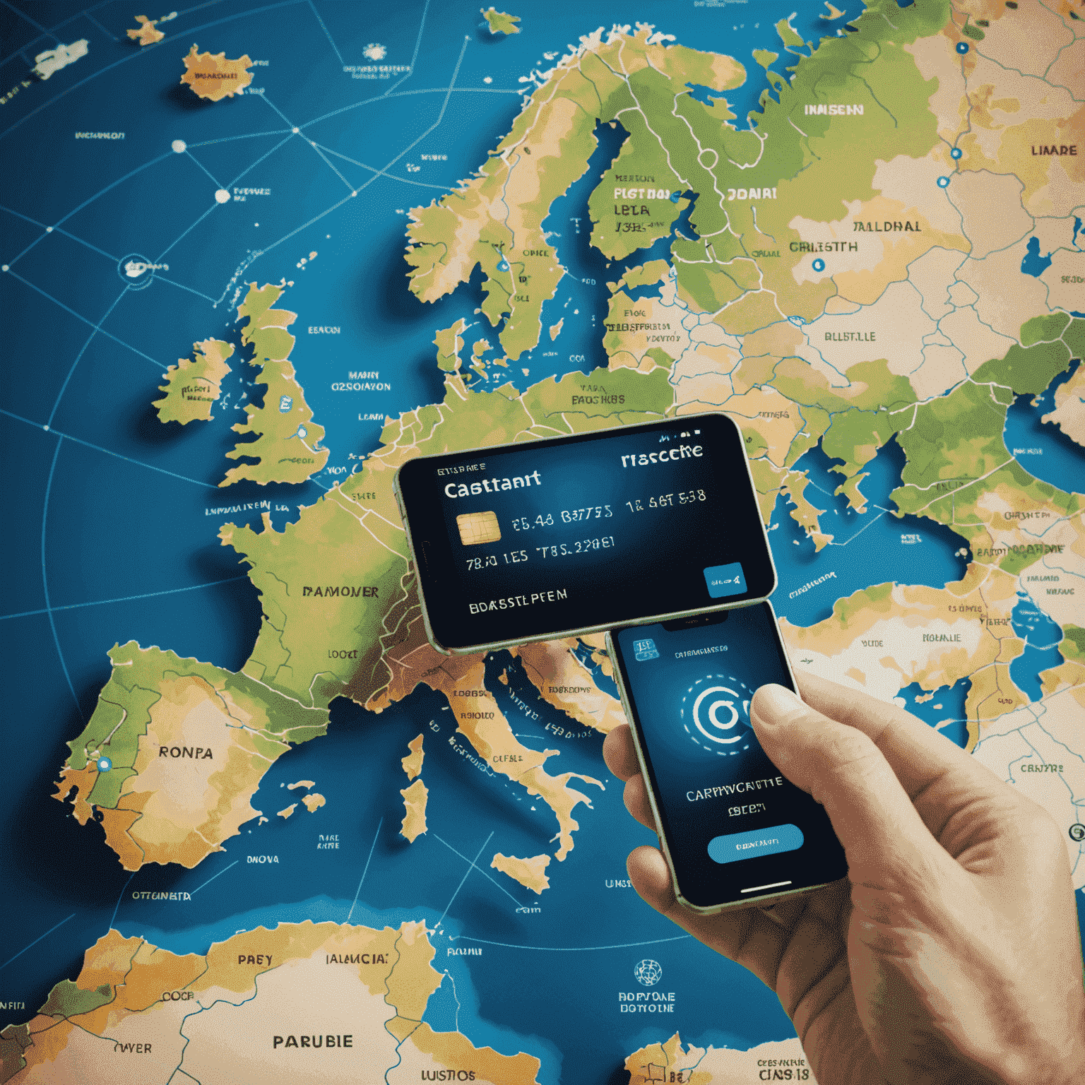 A futuristic image depicting various digital payment methods like contactless cards, mobile payments, and cryptocurrency transactions, with a map of Europe in the background