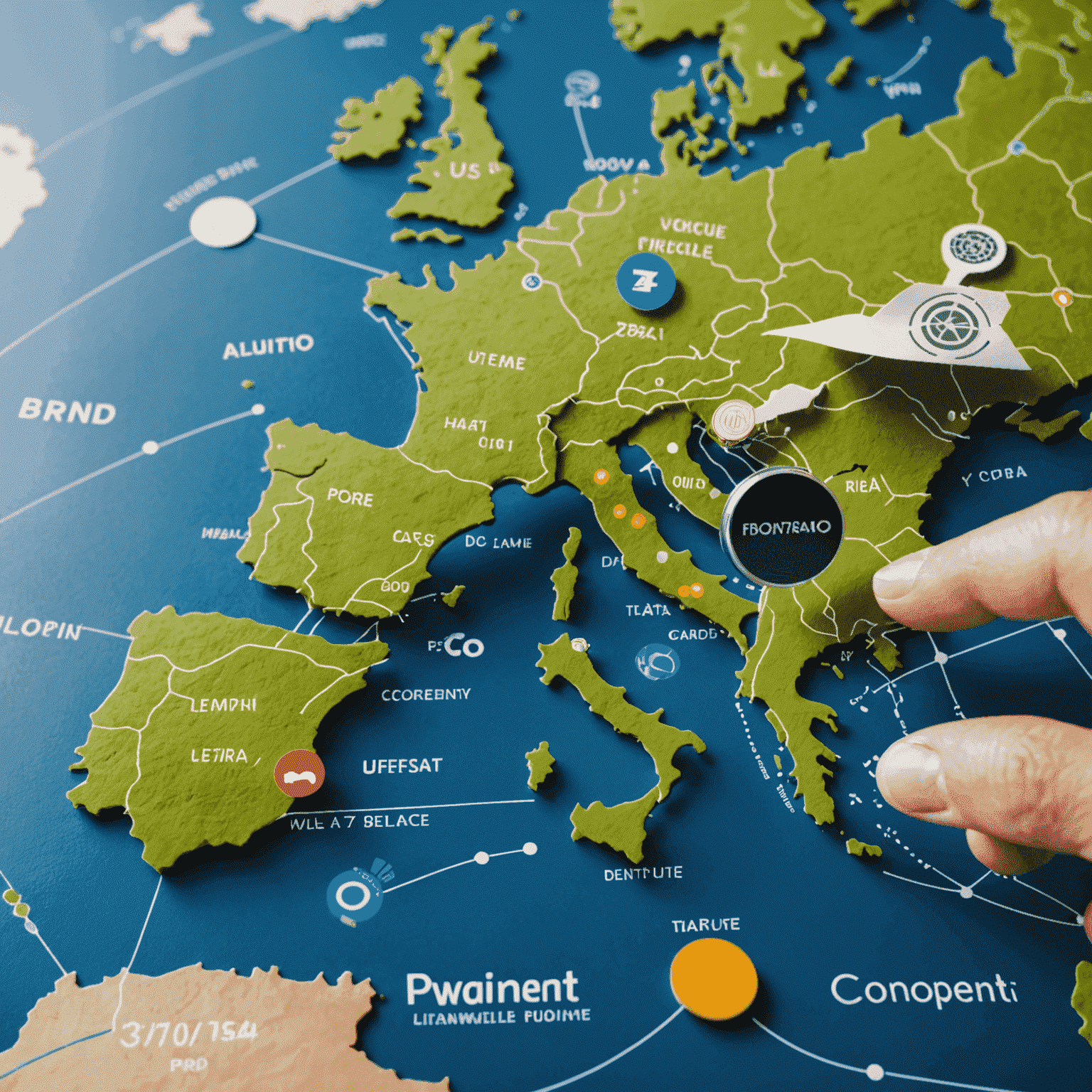 A futuristic image depicting various digital payment methods like contactless cards, mobile payments, and cryptocurrency transactions, with a map of Europe in the background