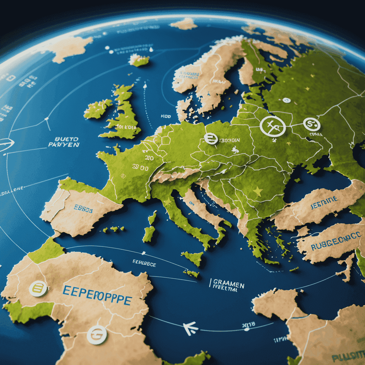 Futuristic digital payment interface with European currency symbols and a map of Europe in the background