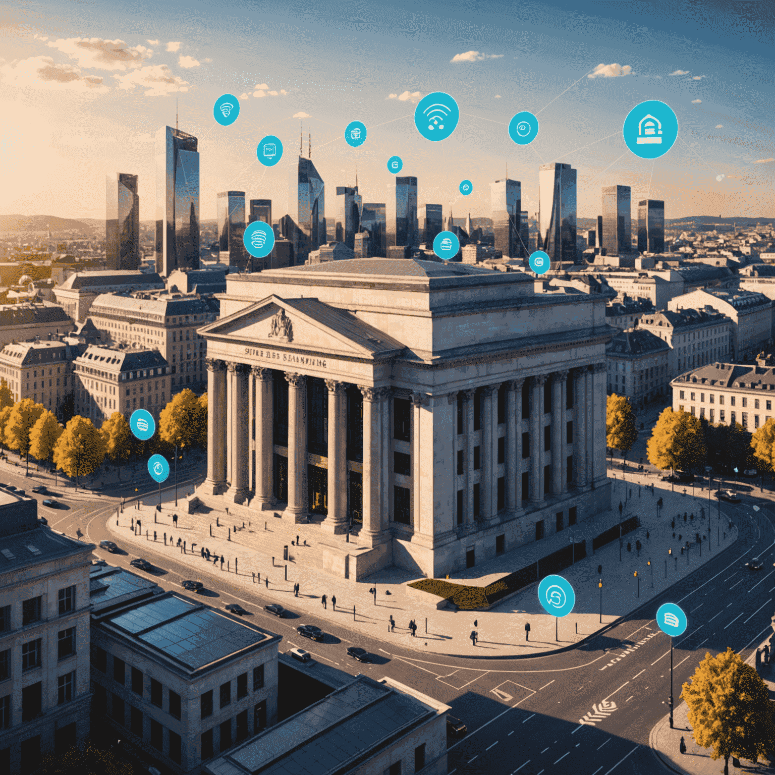 Illustration of open banking concept with interconnected European bank buildings and digital payment icons