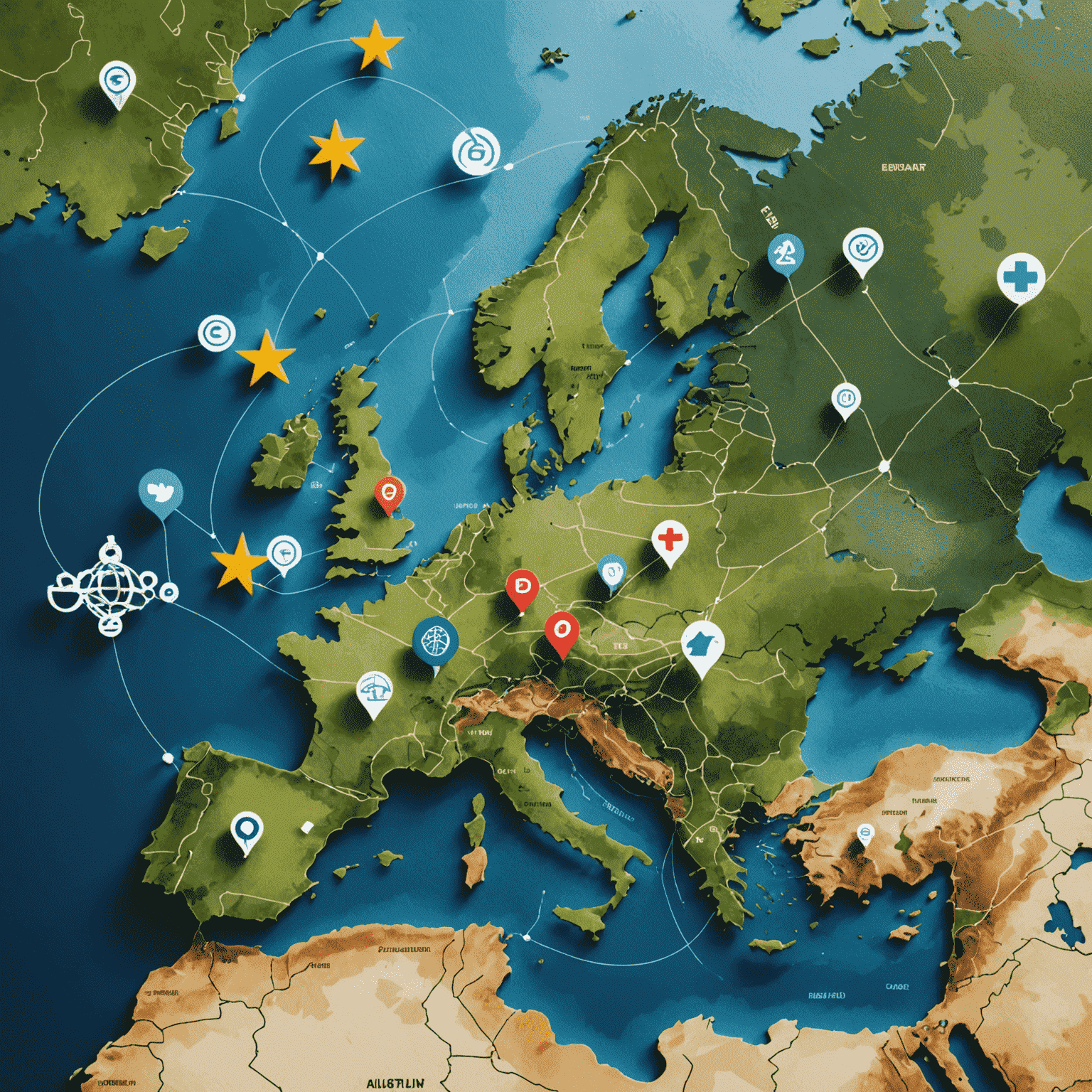 Map of Europe with interconnected payment symbols, representing cross-border transactions