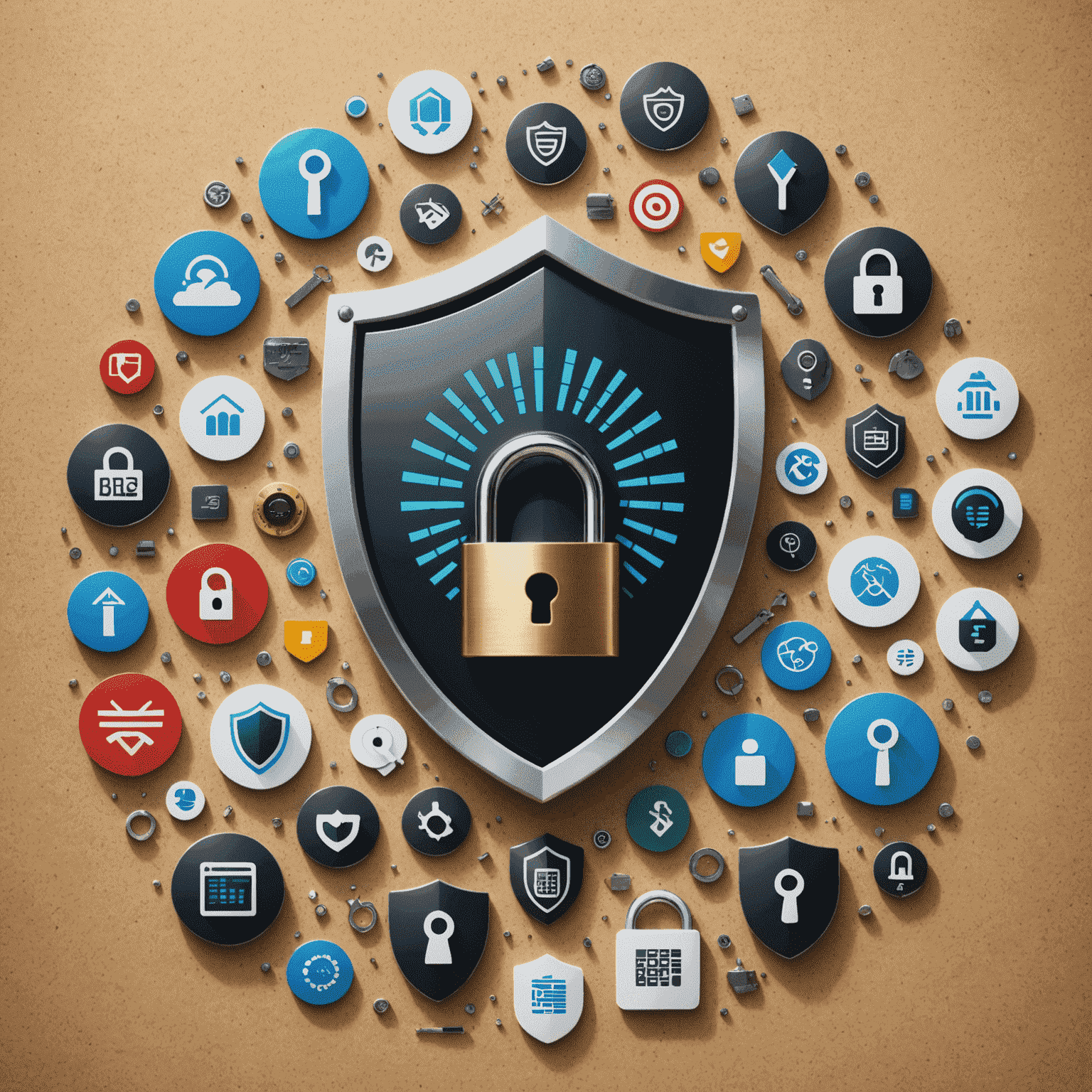 A collage of security icons including a shield, padlock, fingerprint scanner, and encrypted data symbols, representing various online transaction security measures