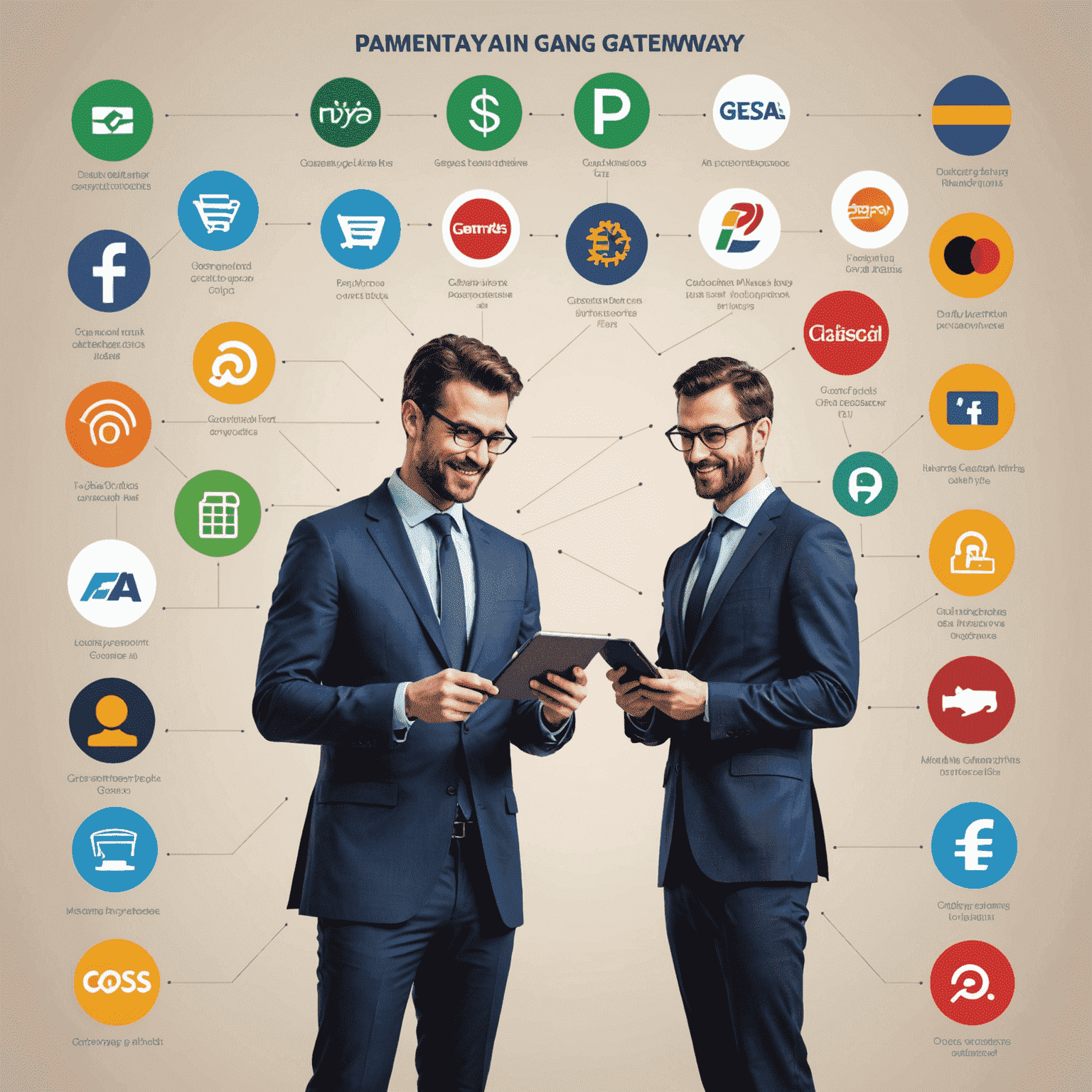 A comparison chart showing logos and features of various payment gateways popular in Europe, with a businessman making a selection