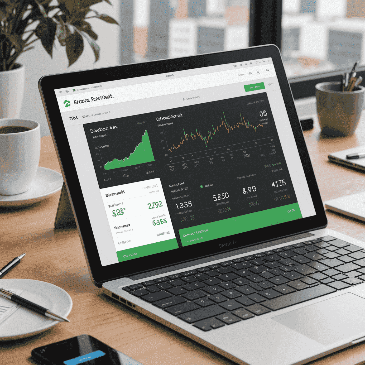 Dashboard mockup showing multi-currency reconciliation interface with graphs and transaction lists