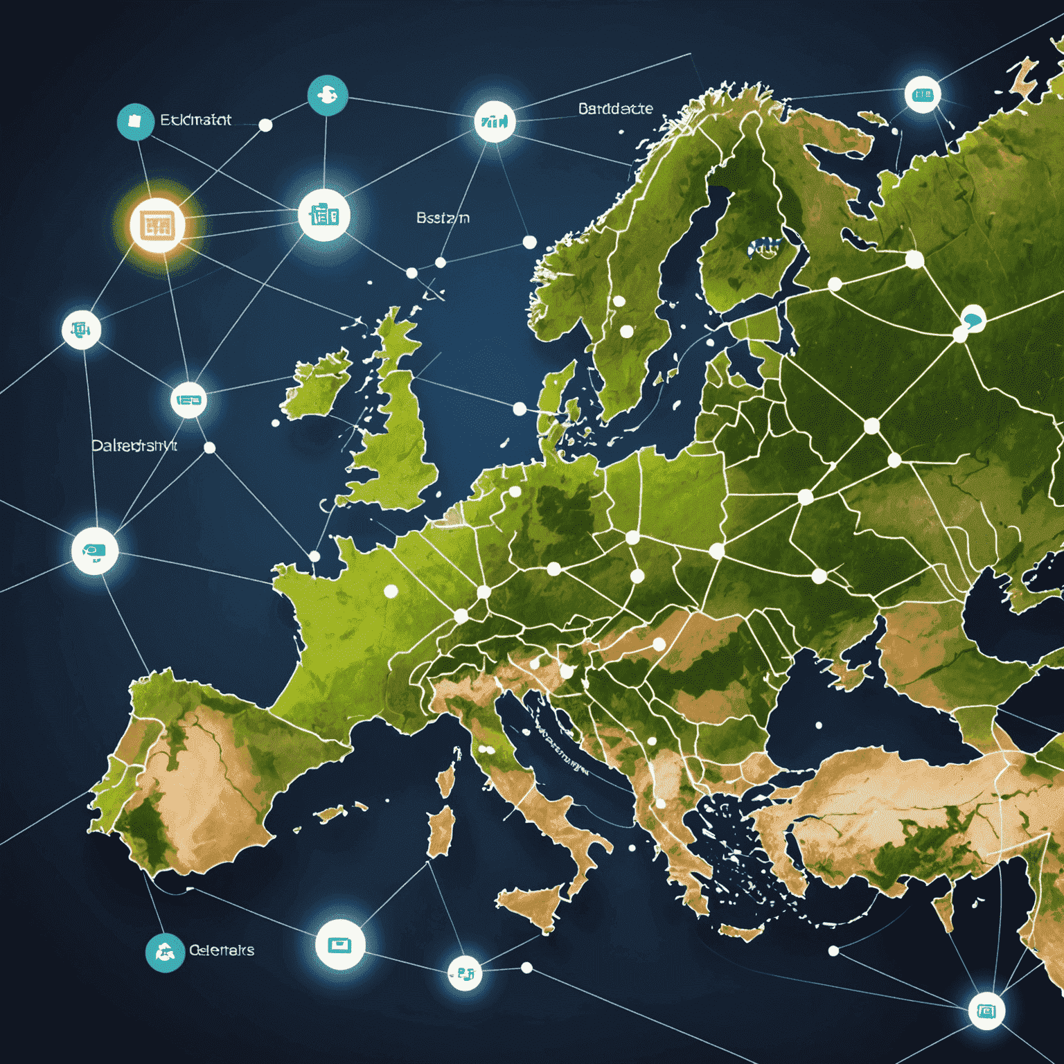 An illustration showing interconnected banking systems across Europe, with data flows and API connections representing open banking