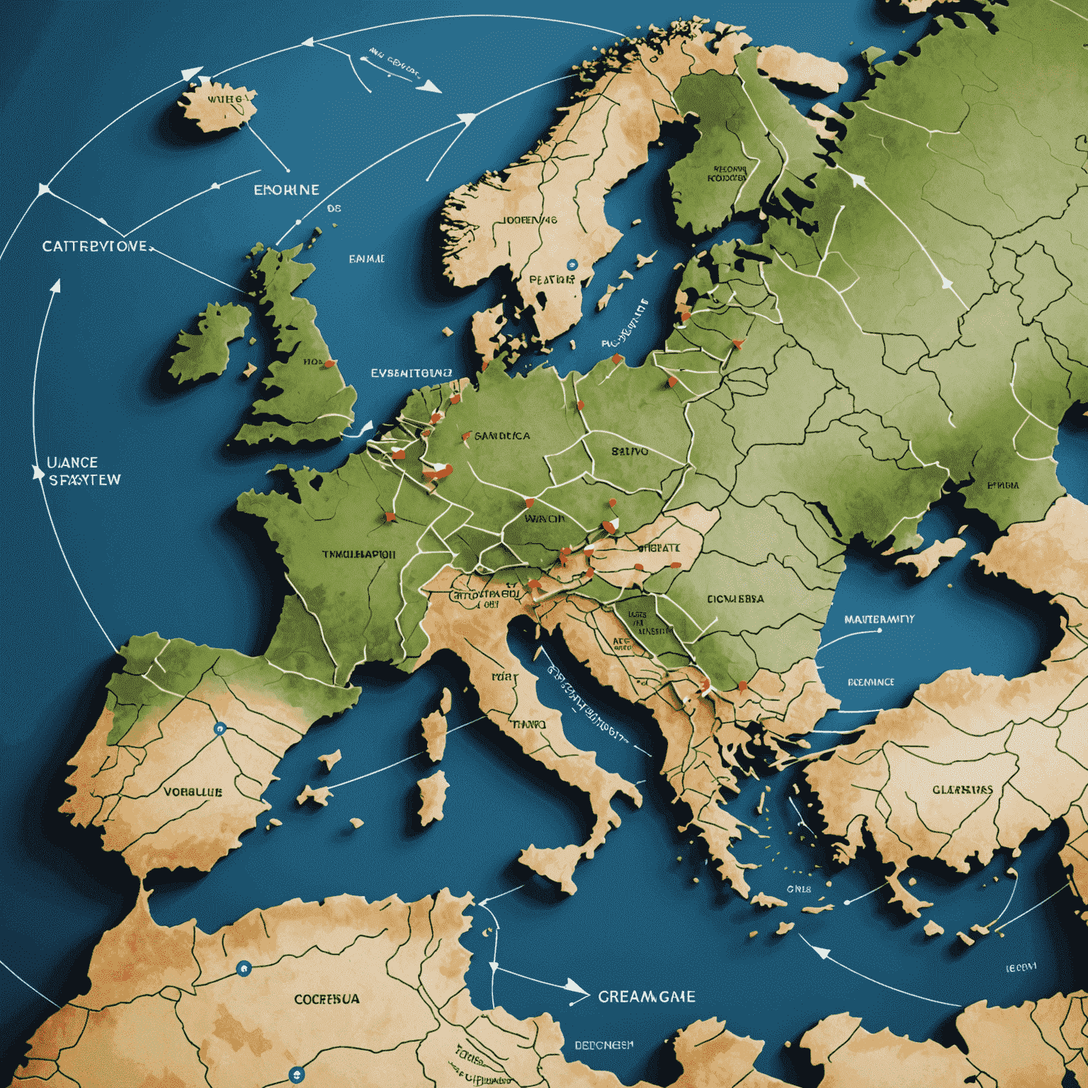 A map of Europe with arrows connecting different countries, symbolizing cross-border payment flows and currency exchange